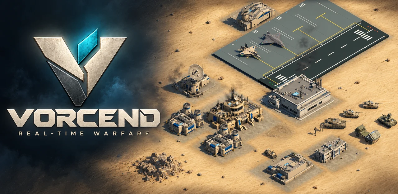 VORCEND AI-generated promotional artwork showing the game emblem and a desert base